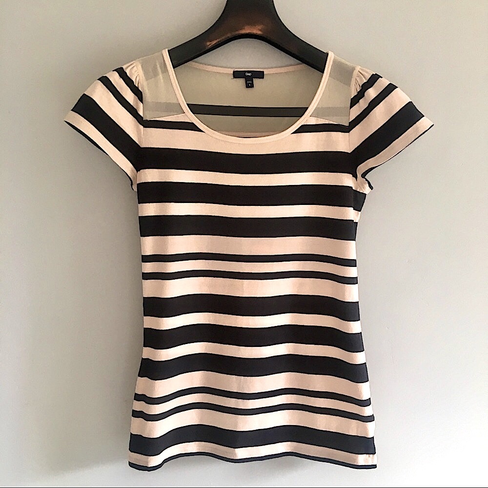 Vtg Gap || Striped Knit Top Sheer Stretch Illusion Insets Cap Sleeve…